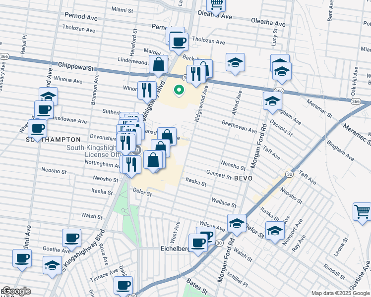 map of restaurants, bars, coffee shops, grocery stores, and more near 4472 Ridgewood Avenue in St. Louis