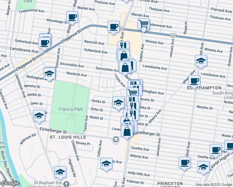 map of restaurants, bars, coffee shops, grocery stores, and more near 4918 Clifton Avenue in St. Louis