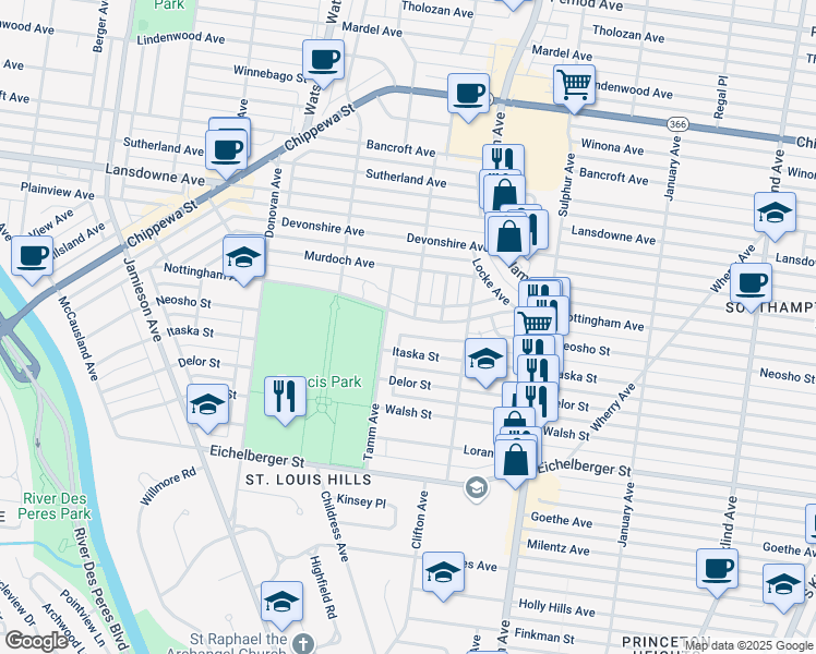 map of restaurants, bars, coffee shops, grocery stores, and more near 4930 Tamm Avenue in St. Louis