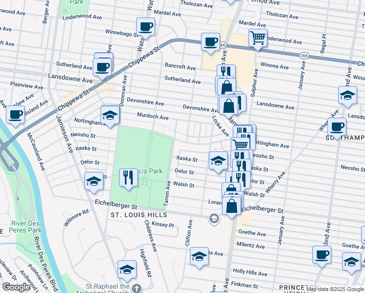 map of restaurants, bars, coffee shops, grocery stores, and more near 4930 Tamm Avenue in St. Louis