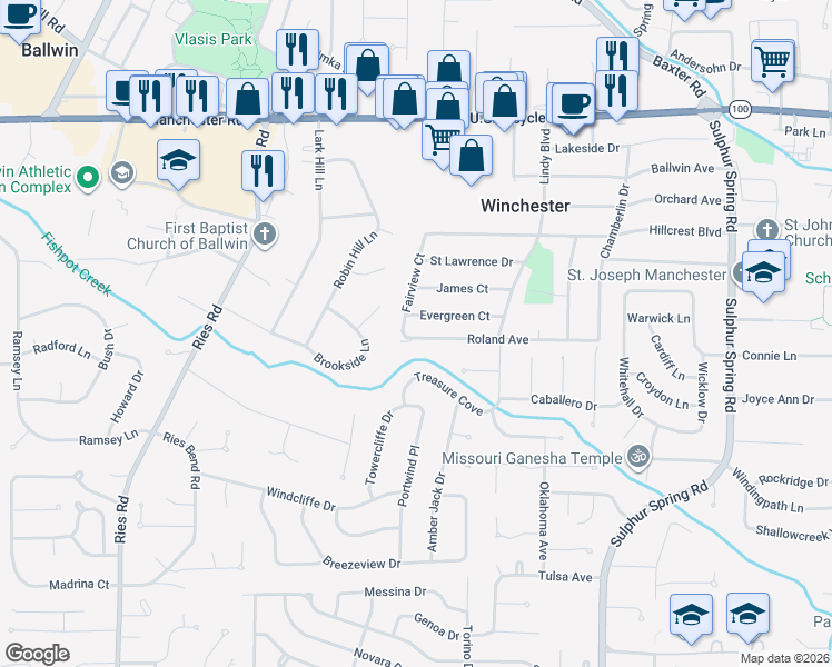 map of restaurants, bars, coffee shops, grocery stores, and more near 14 Roland Avenue in Ballwin