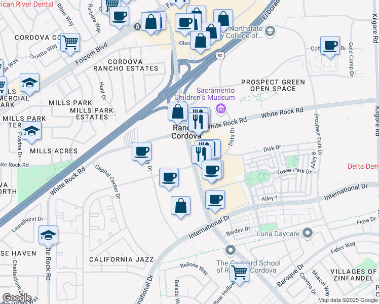 map of restaurants, bars, coffee shops, grocery stores, and more near 3156 Zinfandel Drive in Rancho Cordova