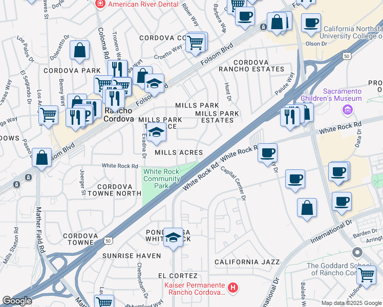 map of restaurants, bars, coffee shops, grocery stores, and more near 3042 Mills Park Drive in Rancho Cordova