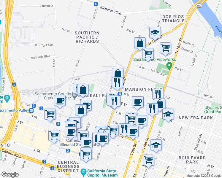 map of restaurants, bars, coffee shops, grocery stores, and more near D St & 11th St in Sacramento