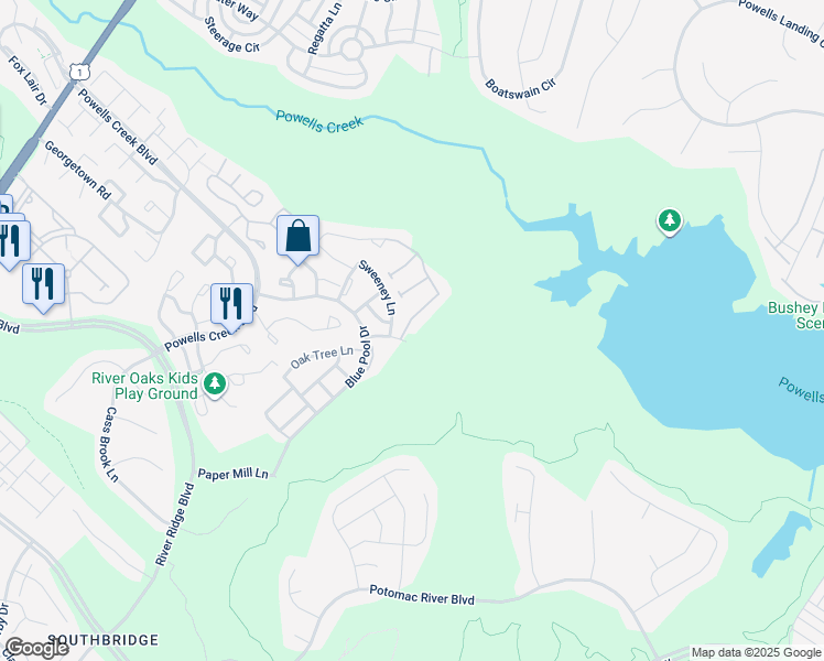 map of restaurants, bars, coffee shops, grocery stores, and more near 16581 Bramblewood Lane in Woodbridge