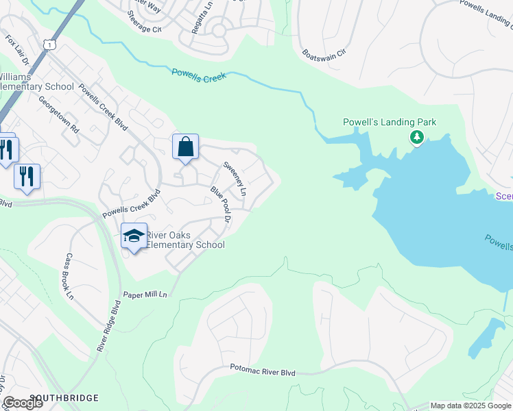 map of restaurants, bars, coffee shops, grocery stores, and more near 16581 Bramblewood Lane in Woodbridge