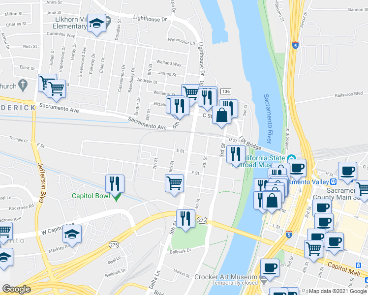 map of restaurants, bars, coffee shops, grocery stores, and more near 436 Harriet Lane in West Sacramento