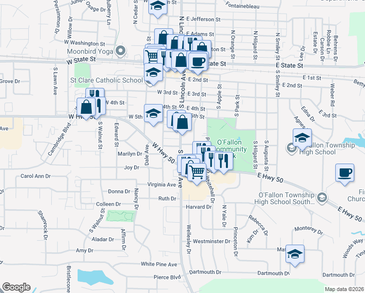 map of restaurants, bars, coffee shops, grocery stores, and more near 723 South Lincoln Avenue in O'Fallon
