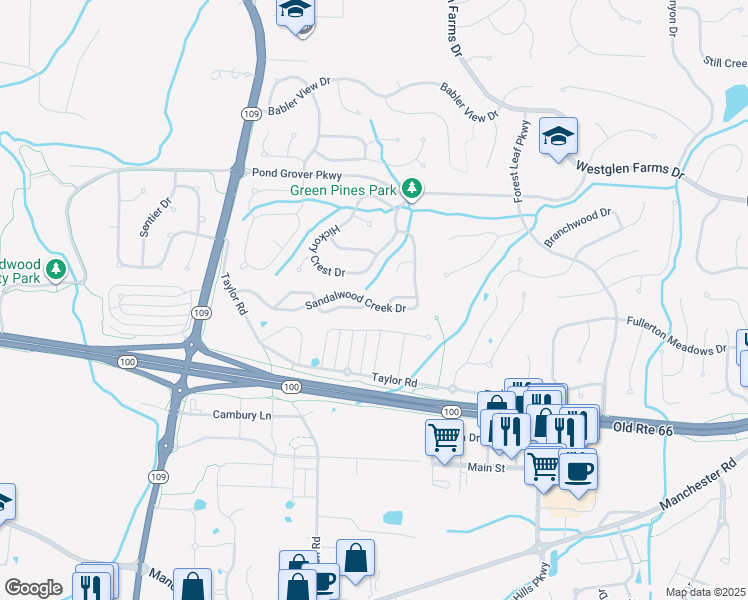 map of restaurants, bars, coffee shops, grocery stores, and more near 17035 Sandalwood Creek Drive in Wildwood
