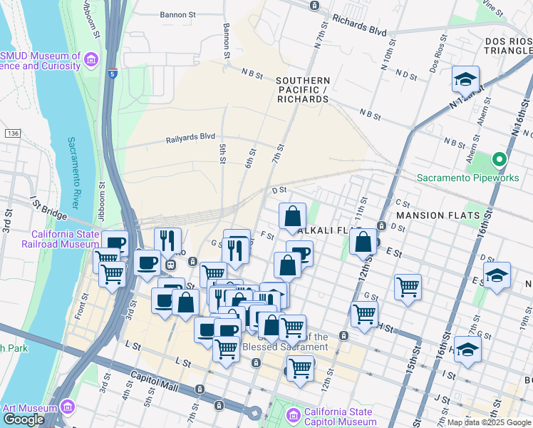 map of restaurants, bars, coffee shops, grocery stores, and more near 525 7th Street in Sacramento
