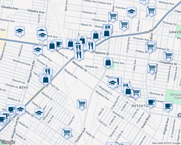 map of restaurants, bars, coffee shops, grocery stores, and more near 4025 Meramec Street in St. Louis