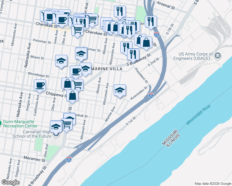map of restaurants, bars, coffee shops, grocery stores, and more near 3741 Marine Avenue in St. Louis