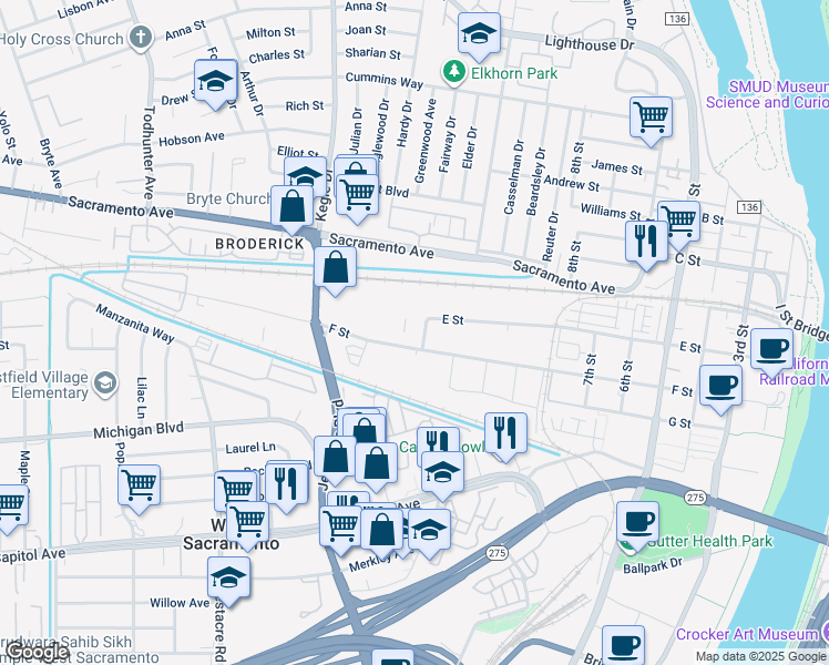 map of restaurants, bars, coffee shops, grocery stores, and more near 850-898 F Street in West Sacramento