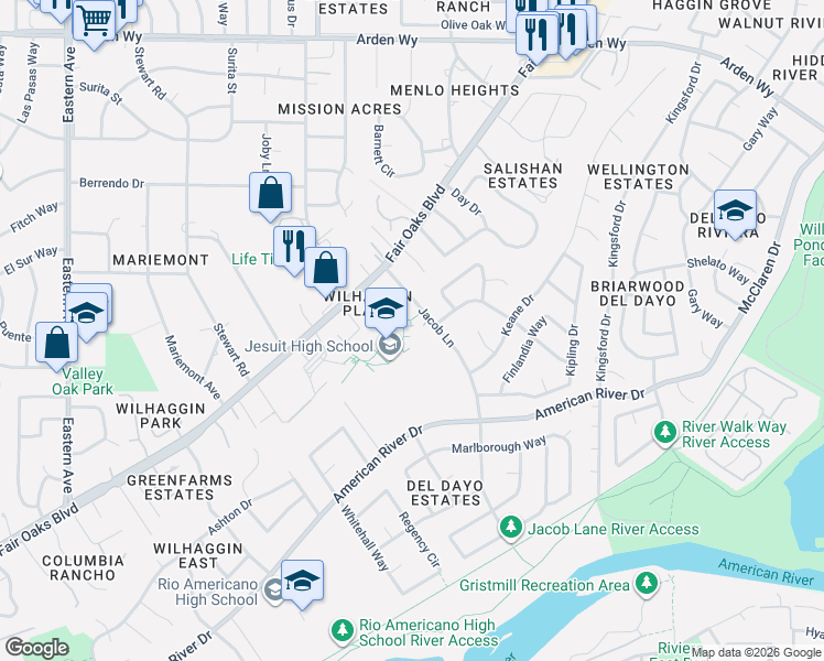 map of restaurants, bars, coffee shops, grocery stores, and more near 1200 Jacob Lane in Carmichael