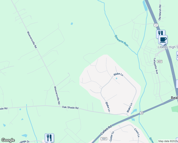 map of restaurants, bars, coffee shops, grocery stores, and more near 10918 Bristol Place in Bealeton