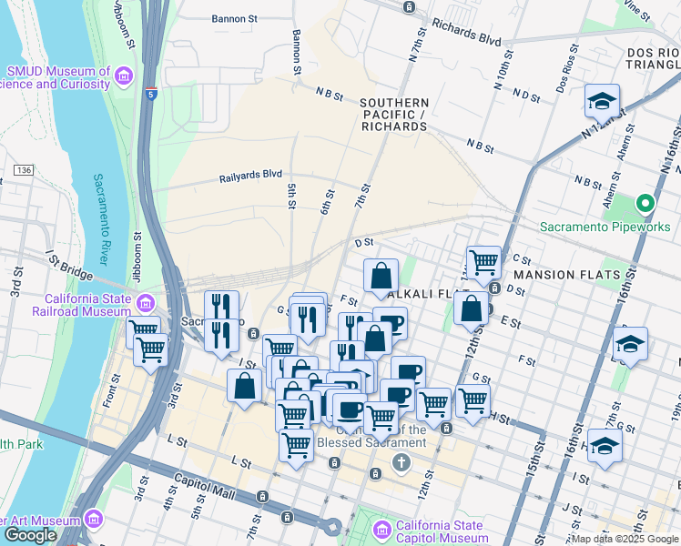 map of restaurants, bars, coffee shops, grocery stores, and more near 525 7th St in Sacramento