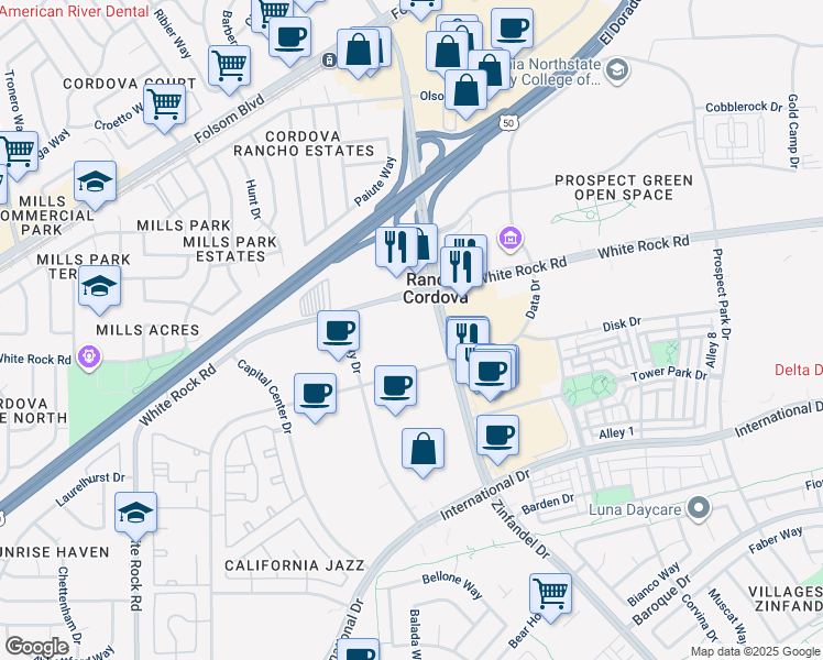 map of restaurants, bars, coffee shops, grocery stores, and more near 3100 Zinfandel Drive in Rancho Cordova