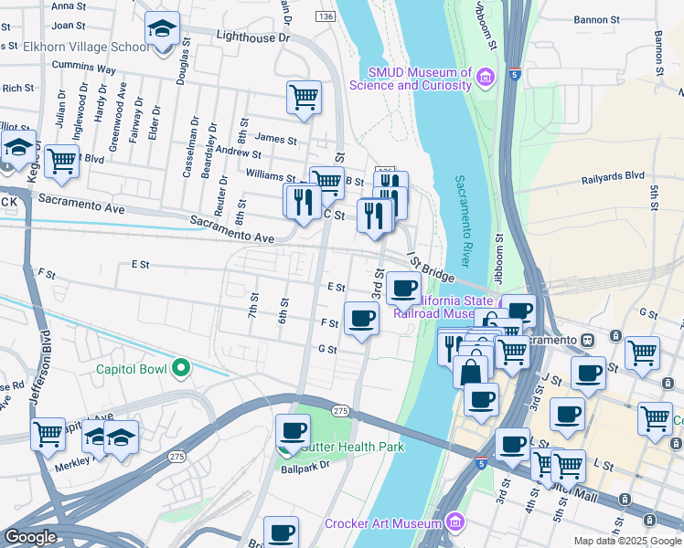 map of restaurants, bars, coffee shops, grocery stores, and more near 438 4th Street in West Sacramento