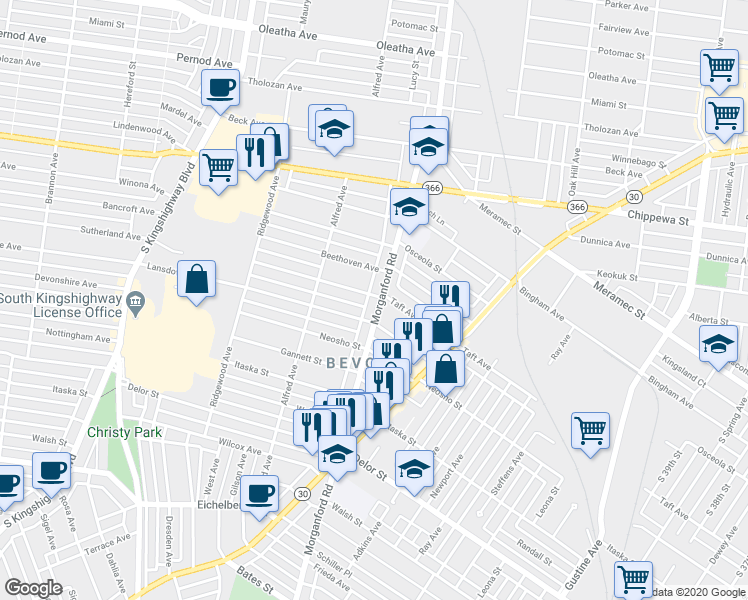 map of restaurants, bars, coffee shops, grocery stores, and more near 4526 Morgan Ford Road in St. Louis