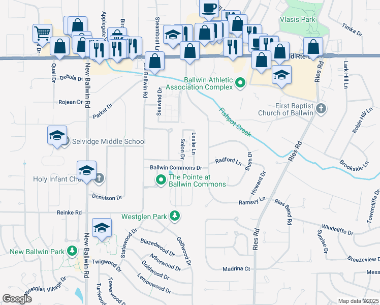 map of restaurants, bars, coffee shops, grocery stores, and more near 239 Leslie Lane in Ballwin