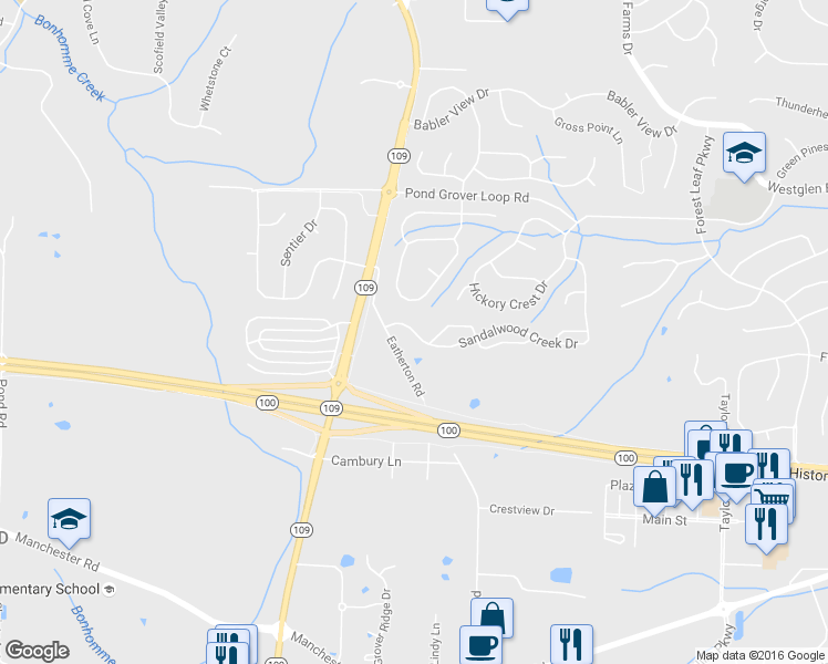 map of restaurants, bars, coffee shops, grocery stores, and more near 17050 Sandalwood Creek Drive in Wildwood