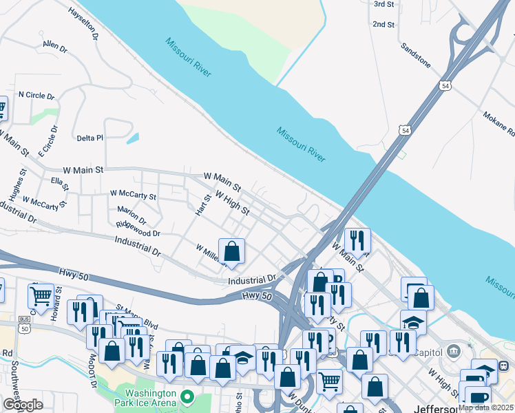 map of restaurants, bars, coffee shops, grocery stores, and more near 1101 West High Street in Jefferson City