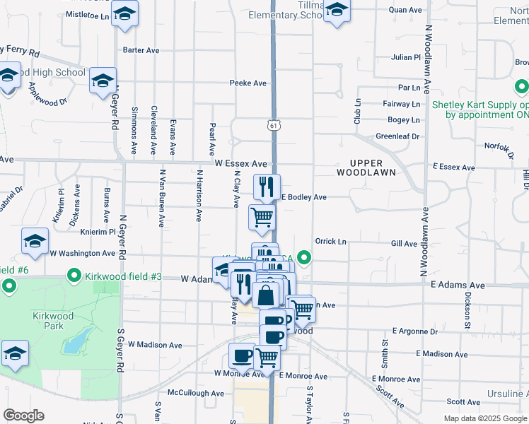map of restaurants, bars, coffee shops, grocery stores, and more near 421 North Kirkwood Road in Kirkwood