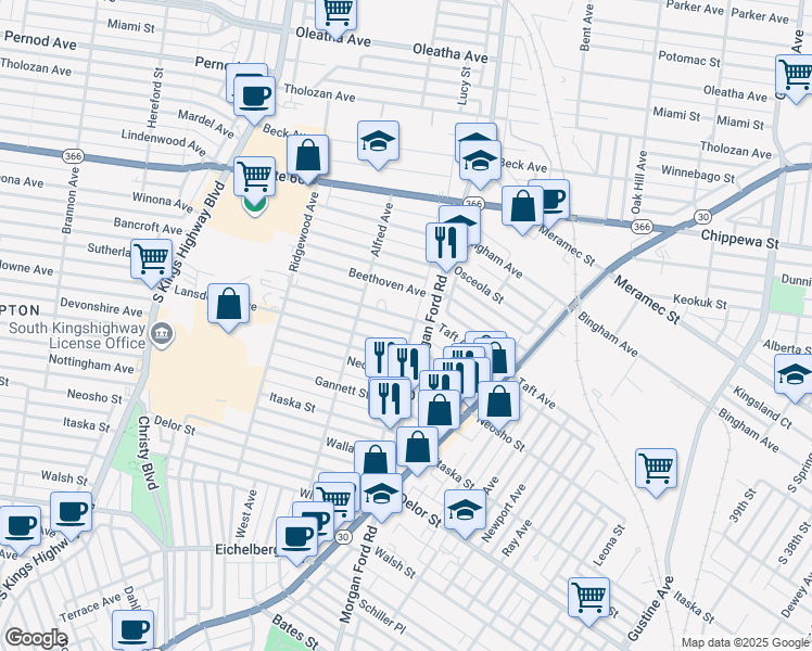 map of restaurants, bars, coffee shops, grocery stores, and more near 4332 Ellenwood Avenue in St. Louis