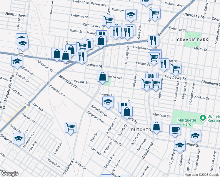 map of restaurants, bars, coffee shops, grocery stores, and more near 3810 Keokuk Street in St. Louis