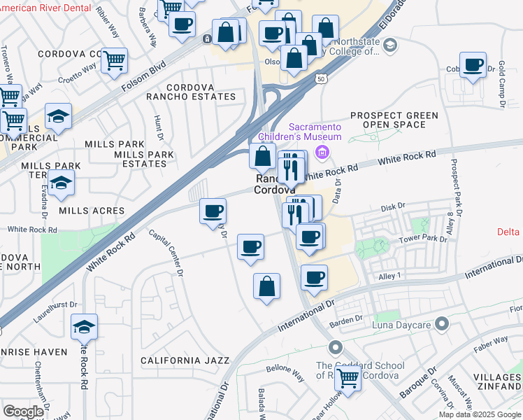 map of restaurants, bars, coffee shops, grocery stores, and more near 3156-3198 Zinfandel Dr in Rancho Cordova