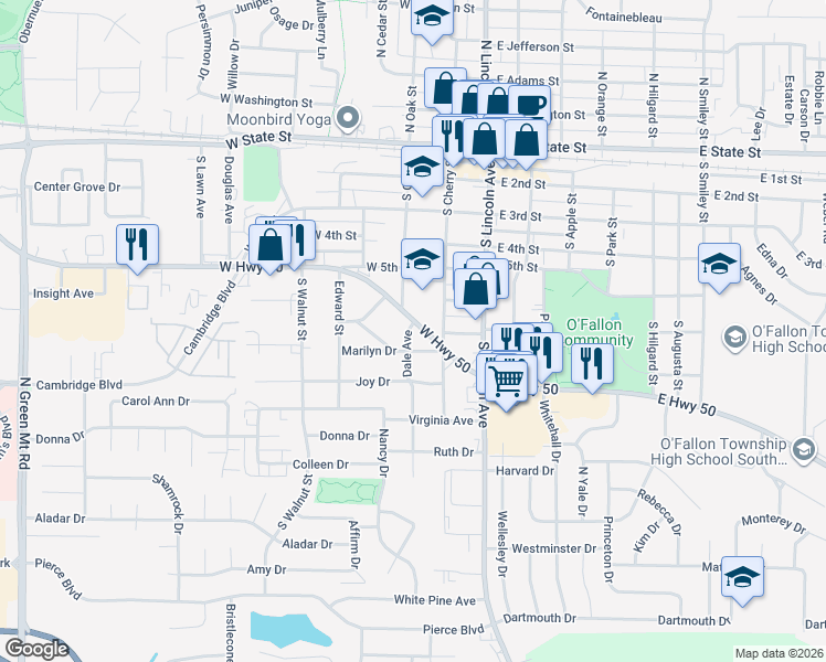 map of restaurants, bars, coffee shops, grocery stores, and more near 206 Marilyn Drive in O'Fallon