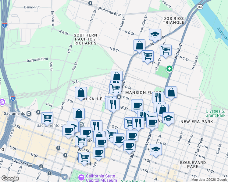 map of restaurants, bars, coffee shops, grocery stores, and more near in Sacramento