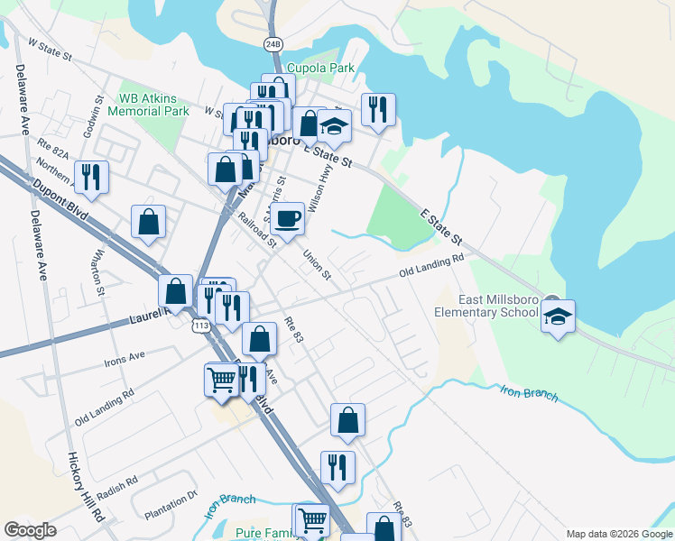 map of restaurants, bars, coffee shops, grocery stores, and more near 911 Thomas Taylor Drive in Millsboro