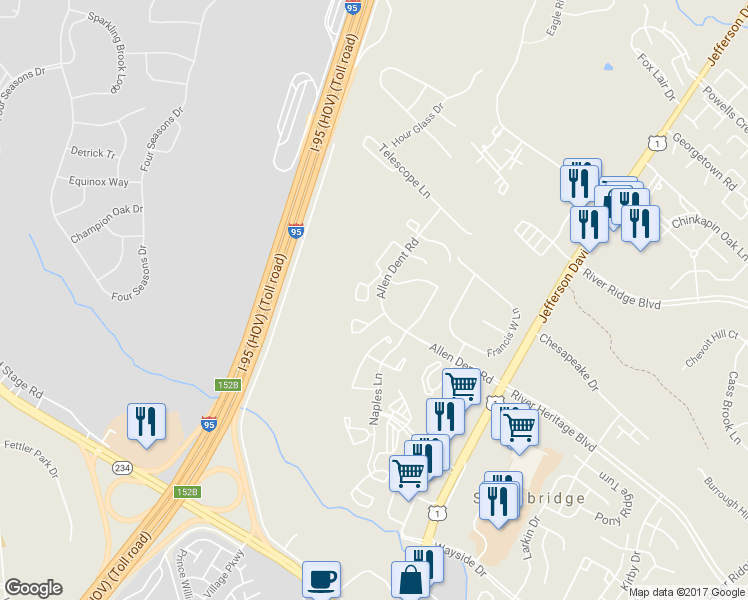 map of restaurants, bars, coffee shops, grocery stores, and more near 3427 Belleplain Court in Dumfries
