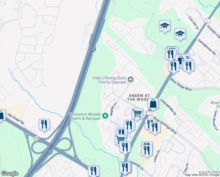 map of restaurants, bars, coffee shops, grocery stores, and more near 3427 Belleplain Court in Dumfries