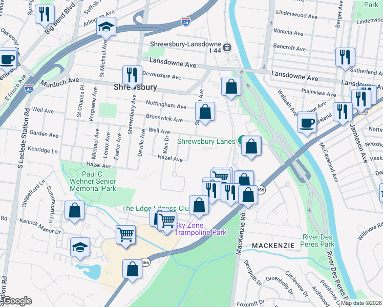 map of restaurants, bars, coffee shops, grocery stores, and more near 5030 Hi View Avenue in St. Louis