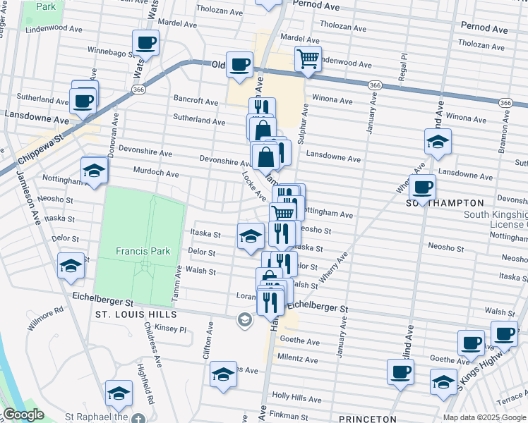 map of restaurants, bars, coffee shops, grocery stores, and more near 5834 Neosho Street in St. Louis