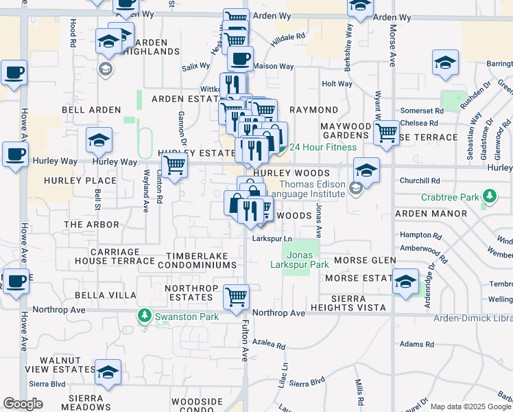 map of restaurants, bars, coffee shops, grocery stores, and more near 1148 Fulton Avenue in Sacramento