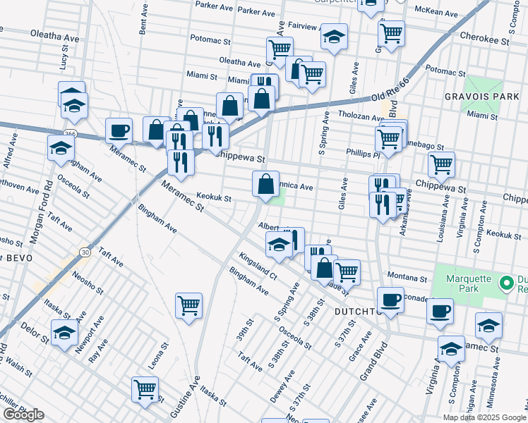 map of restaurants, bars, coffee shops, grocery stores, and more near 3926 Gustine Avenue in St. Louis