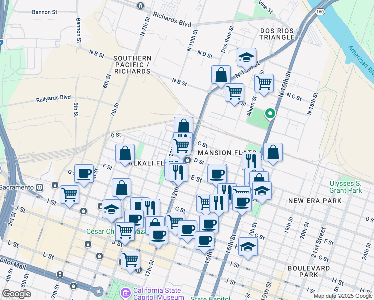 map of restaurants, bars, coffee shops, grocery stores, and more near in Sacramento