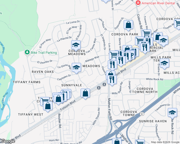 map of restaurants, bars, coffee shops, grocery stores, and more near 2707 La Verta Court in Rancho Cordova