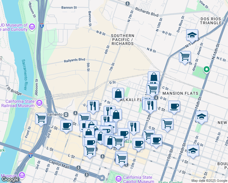map of restaurants, bars, coffee shops, grocery stores, and more near 510 8th Street in Sacramento