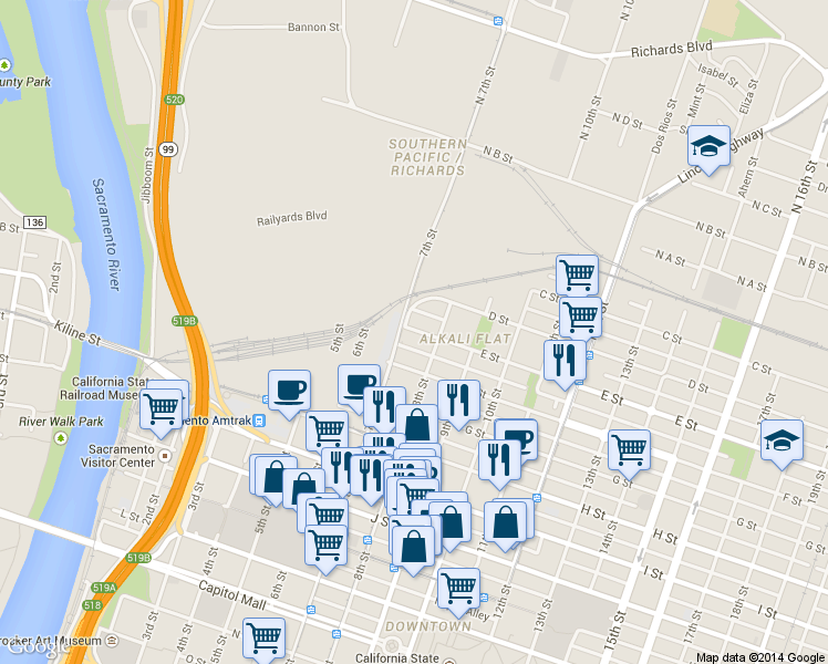 map of restaurants, bars, coffee shops, grocery stores, and more near 510 8th Street in Sacramento