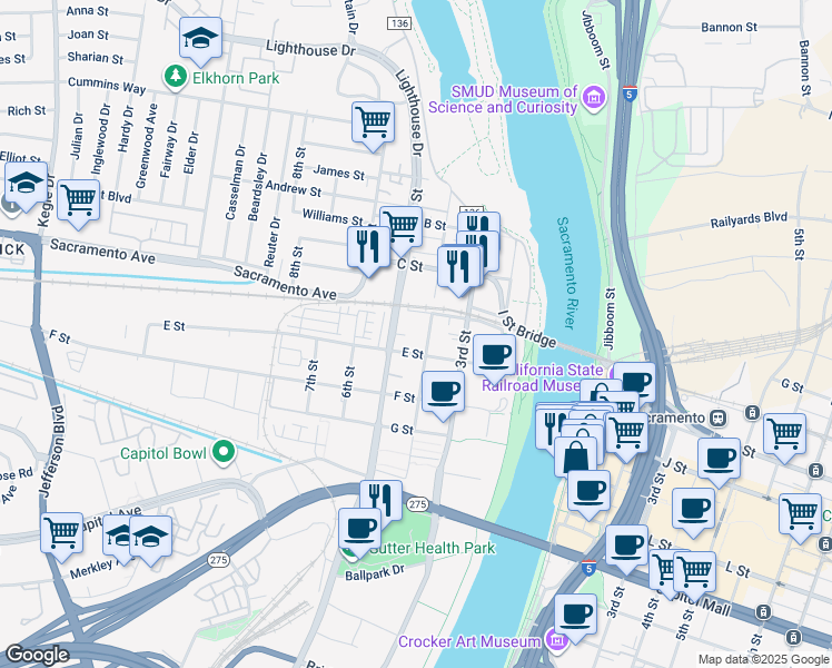 map of restaurants, bars, coffee shops, grocery stores, and more near 438 4th Street in West Sacramento