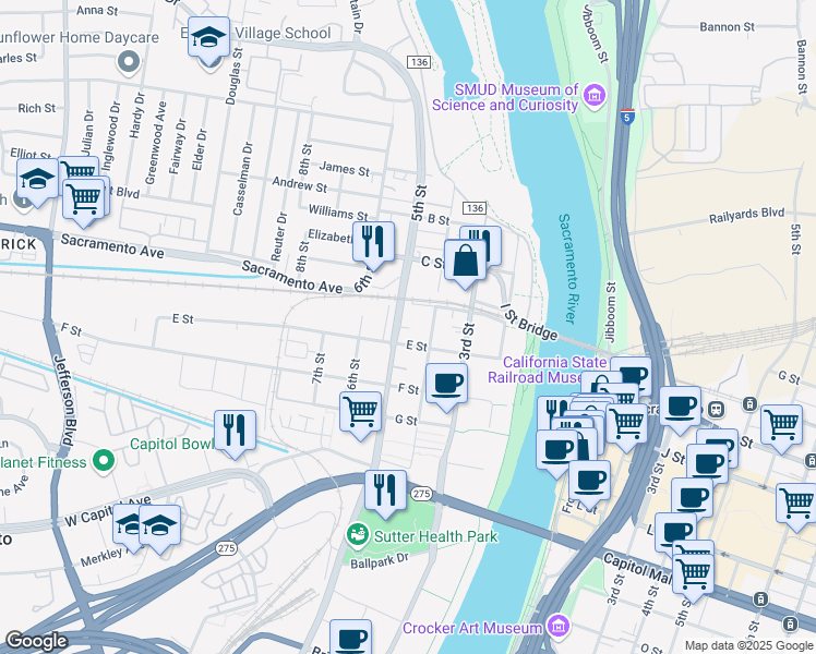 map of restaurants, bars, coffee shops, grocery stores, and more near 521 5th Street in West Sacramento