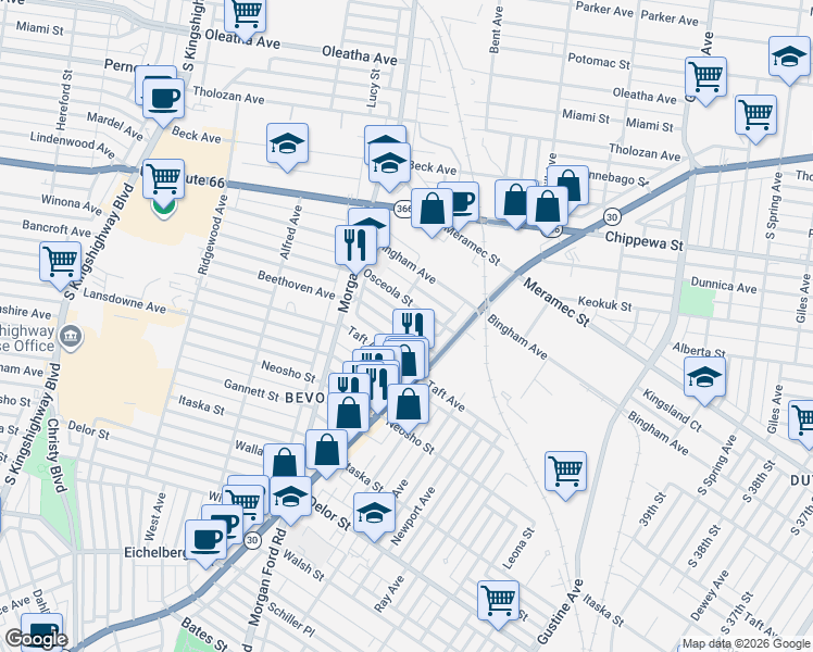 map of restaurants, bars, coffee shops, grocery stores, and more near 4124 Beethoven Avenue in St. Louis