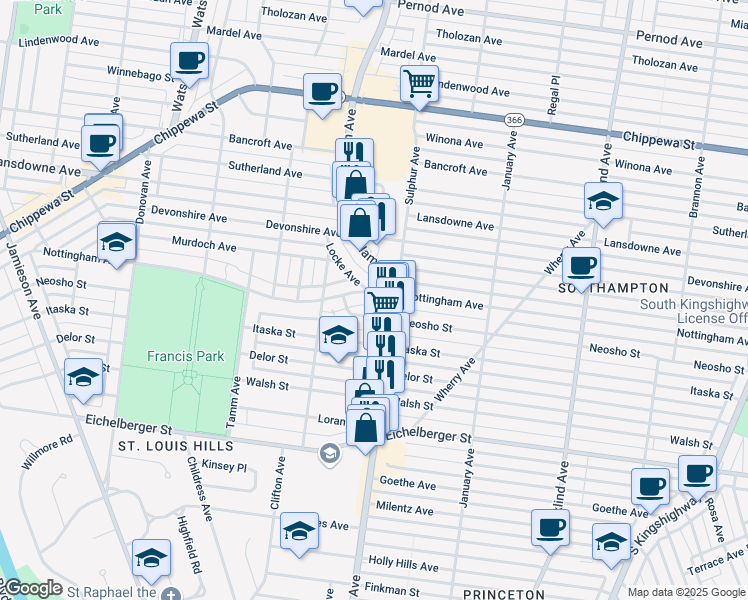 map of restaurants, bars, coffee shops, grocery stores, and more near 5834 Neosho Street in St. Louis