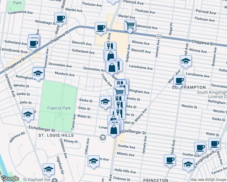 map of restaurants, bars, coffee shops, grocery stores, and more near 5834 Neosho Street in St. Louis