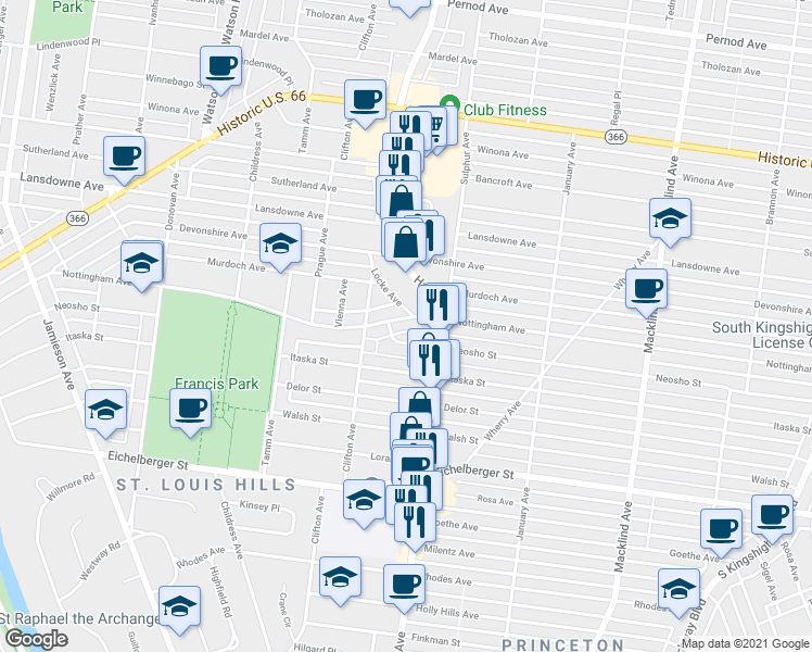 map of restaurants, bars, coffee shops, grocery stores, and more near 5834 Neosho Street in St. Louis