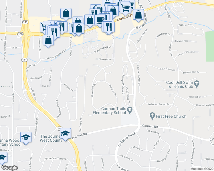 map of restaurants, bars, coffee shops, grocery stores, and more near 261 Glandore Drive in Ballwin